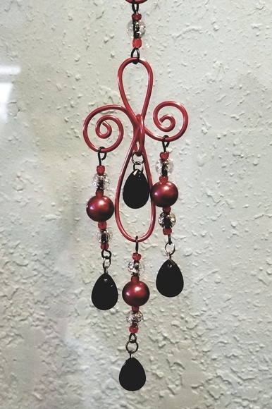 Handmade Red Gothic Style Cross Suncatcher Dripping In Black Beads - Picture 1 of 5
